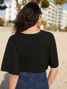 SHEIN Frenchy Contrast Lace Trim Butterfly Sleeve Blouse - Black - View 2