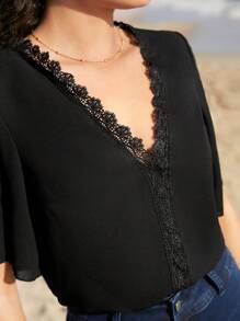 SHEIN Frenchy Contrast Lace Trim Butterfly Sleeve Blouse - Black - View 4