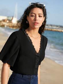 SHEIN Frenchy Contrast Lace Trim Butterfly Sleeve Blouse - Black - View 5