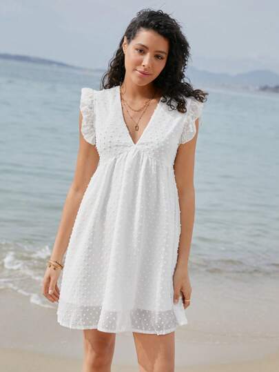 فستان سموك باكمام فراشة منقط سويسري