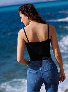 SHEIN Frenchy Top tejido con botón delantero con encaje en contraste - Negro - Ver 2