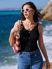 SHEIN Frenchy Top tejido con botón delantero con encaje en contraste - Negro - Ver 3