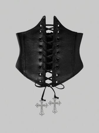 Goth 1pc Women Cross Decor Lace Up Corset Belt
