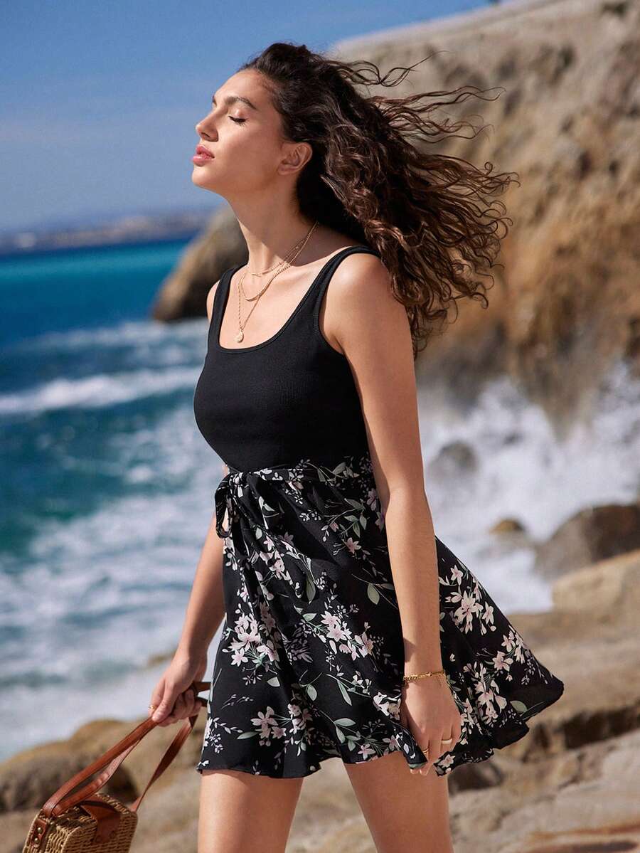 SHEIN Frenchy Đầm Thắt lưng Hoa Boho - màu đen - Xem 1