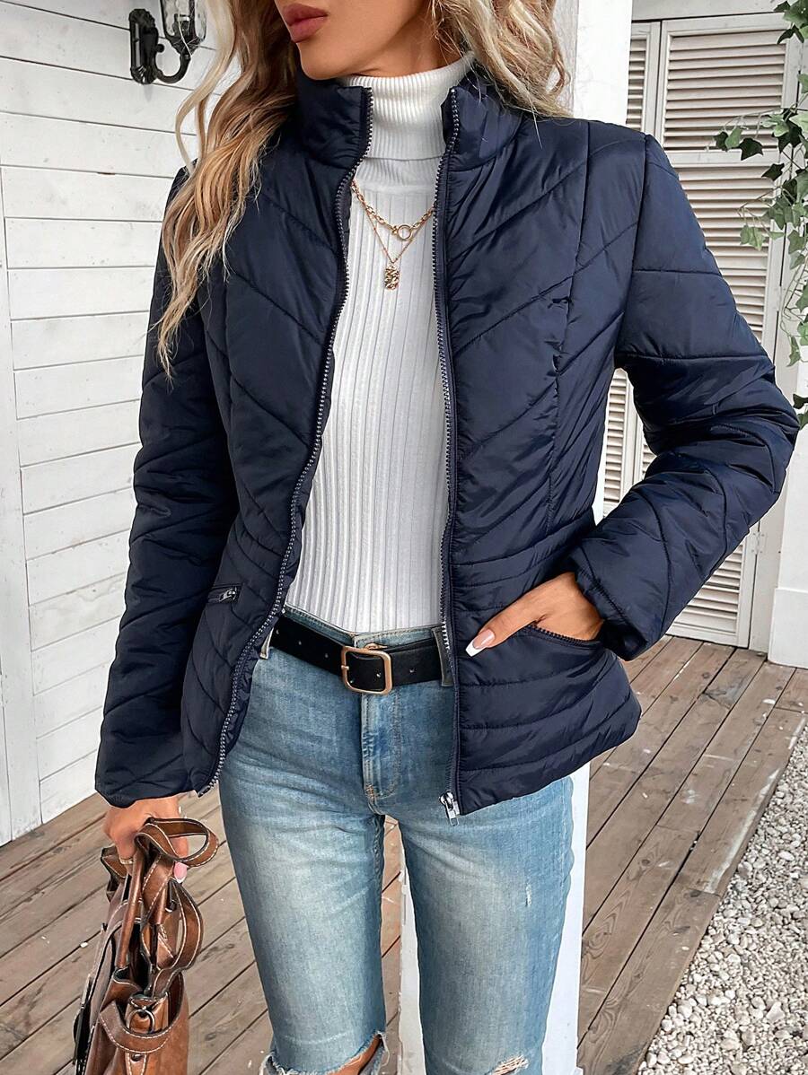 SHEIN Frenchy Áo khoác đệm ấm mùa đông có khóa kéo dành cho nữ - Màu xanh lam - Xem 1