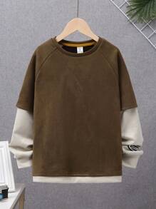 SHEIN Tween Boy Color Block Raglan Sleeve 2 In 1 Pullover - Camel - View 1