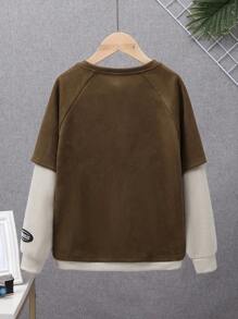 SHEIN Tween Boy Color Block Raglan Sleeve 2 In 1 Pullover - Camel - View 2