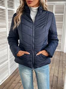 SHEIN Frenchy Áo khoác đệm ấm mùa đông có khóa kéo dành cho nữ - Màu xanh lam - Xem 5