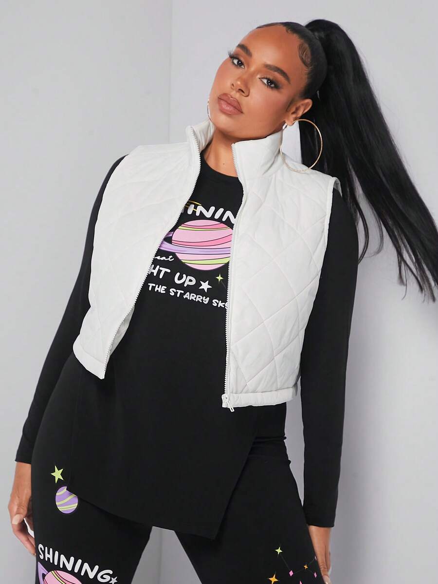 SHEIN SXY Hơn Dây kéo Chần Áo vest - trắng - Xem 1