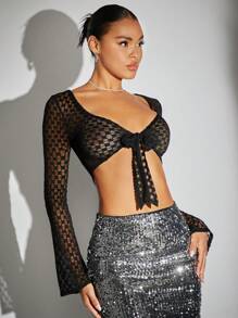 SHEIN BAE Tie Trước Top Cây trồng - màu đen - Xem 5