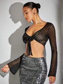 SHEIN BAE Tie Trước Top Cây trồng - màu đen - Xem 6