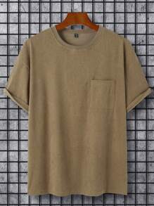 Manfinity Hypemode Loose Fit Men's Drop Shoulder Pocket Detail Solid Color T-Shirt - Khaki - View 1