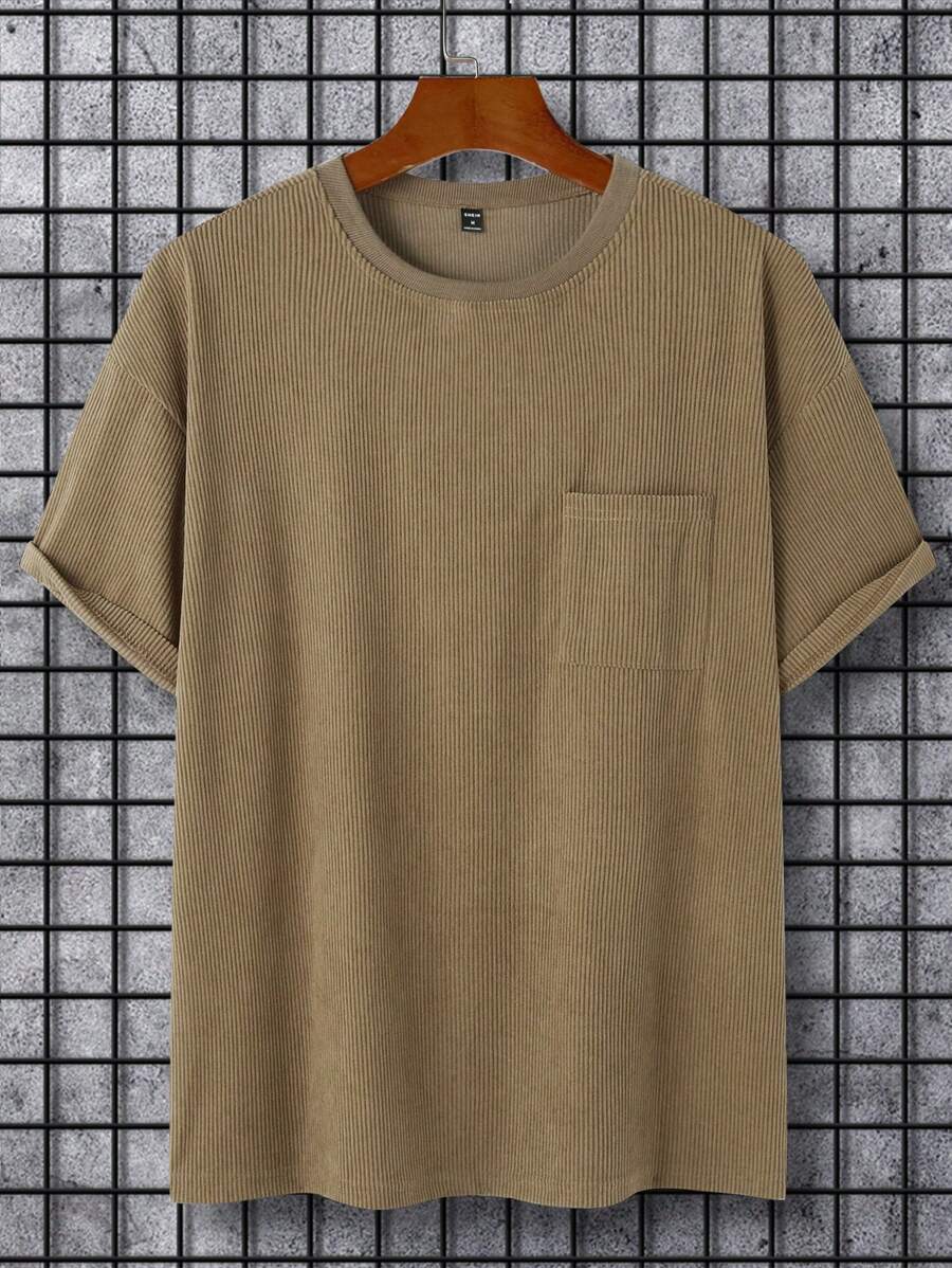 Manfinity Hypemode Loose Fit Men's Drop Shoulder Pocket Detail Solid Color T-Shirt - Khaki - View 1