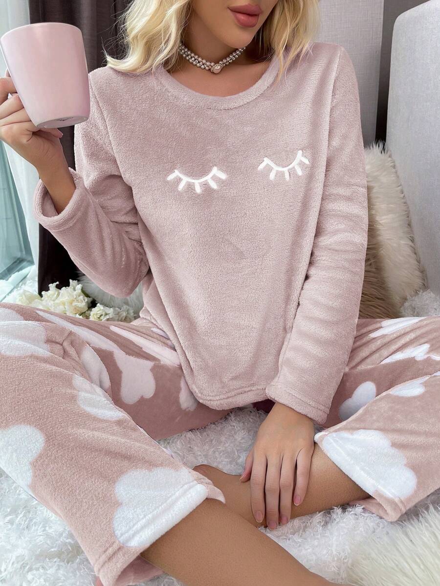 SHEIN Eyelash Embroidery Flannel Fluffy Pajama Set, Fall Winter Cozy Clothes - Baby Pink - View 1