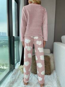 SHEIN Eyelash Embroidery Flannel Fluffy Pajama Set, Fall Winter Cozy Clothes - Baby Pink - View 2