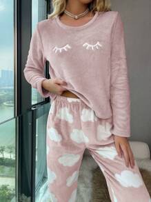 SHEIN Eyelash Embroidery Flannel Fluffy Pajama Set, Fall Winter Cozy Clothes - Baby Pink - View 3