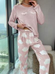 SHEIN Eyelash Embroidery Flannel Fluffy Pajama Set, Fall Winter Cozy Clothes - Baby Pink - View 4