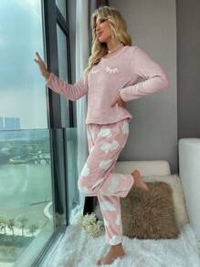SHEIN Eyelash Embroidery Flannel Fluffy Pajama Set, Fall Winter Cozy Clothes - Baby Pink - View 5