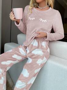SHEIN Eyelash Embroidery Flannel Fluffy Pajama Set, Fall Winter Cozy Clothes - Baby Pink - View 6