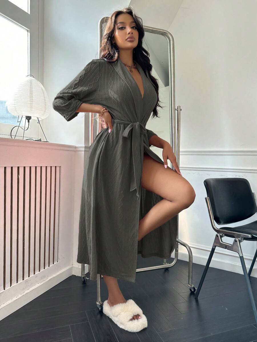 Women's Casual Grey Knitted Long Robe With Regular Sleeves And Belted Detail - Grey - View 1