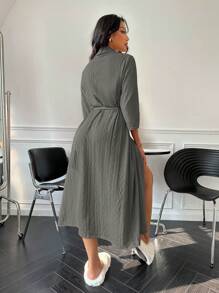 Women's Casual Grey Knitted Long Robe With Regular Sleeves And Belted Detail - Grey - View 2
