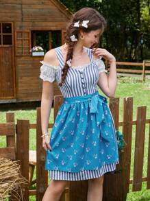 SHEIN Unity 條紋圖案&印花腰帶吊帶連衣裙不帶襯衫 - 藍白色 - 查看 4