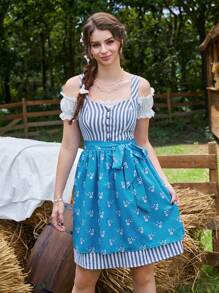 SHEIN Unity 條紋圖案&印花腰帶吊帶連衣裙不帶襯衫 - 藍白色 - 查看 5