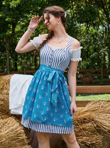 SHEIN Unity 條紋圖案&印花腰帶吊帶連衣裙不帶襯衫 - 藍白色 - 查看 6