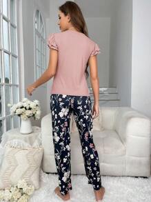 Conjunto de pijama con estampado floral y ribete de volantes - Rosa vieja - Ver 2
