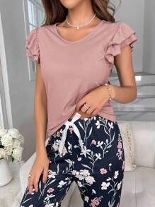 Conjunto de pijama con estampado floral y ribete de volantes - Rosa vieja - Ver 3