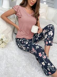 Conjunto de pijama con estampado floral y ribete de volantes - Rosa vieja - Ver 4