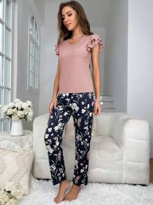 Conjunto de pijama con estampado floral y ribete de volantes - Rosa vieja - Ver 5