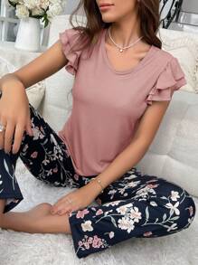 Conjunto de pijama con estampado floral y ribete de volantes - Rosa vieja - Ver 6
