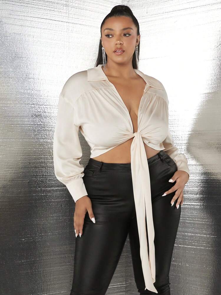 Plus Drop Shoulder Knot Front Crop Blouse