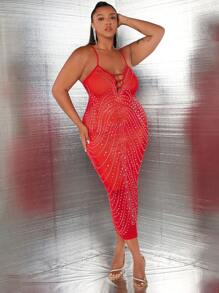 SHEIN SXY 大碼水鑽細節吊帶洋裝 - 紅色 - 查看 3