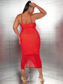 SHEIN SXY 大碼水鑽細節吊帶洋裝 - 紅色 - 查看 2