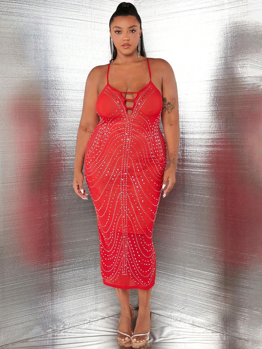 SHEIN SXY 大碼水鑽細節吊帶洋裝 - 紅色 - 查看 1