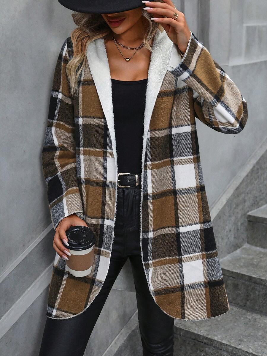 SHEIN LUNE Abrigo con capucha con estampado de cuadros con parte delantera abierta - Caqui - Ver 1