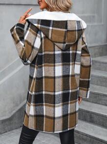 SHEIN LUNE Abrigo con capucha con estampado de cuadros con parte delantera abierta - Caqui - Ver 2