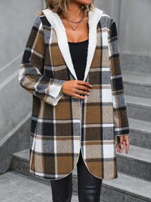 SHEIN LUNE Abrigo con capucha con estampado de cuadros con parte delantera abierta - Caqui - Ver 3