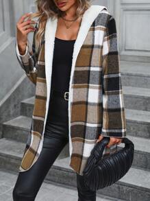 SHEIN LUNE Abrigo con capucha con estampado de cuadros con parte delantera abierta - Caqui - Ver 5