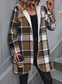 SHEIN LUNE Abrigo con capucha con estampado de cuadros con parte delantera abierta - Caqui - Ver 6