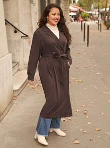 SHEIN Frenchy Plus Lapel Neck Double Breasted Belted Trench Coat In Fall/Winter