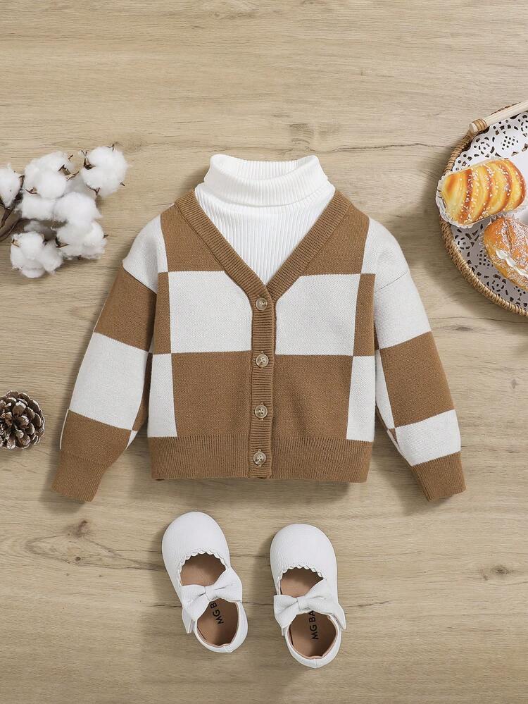 Baby Girl Casual Loose Fit V-neck Plaid Cardigan Sweater With Long Sleeves