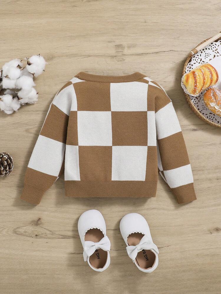 Baby Girl Casual Loose Fit V-neck Plaid Cardigan Sweater With Long Sleeves