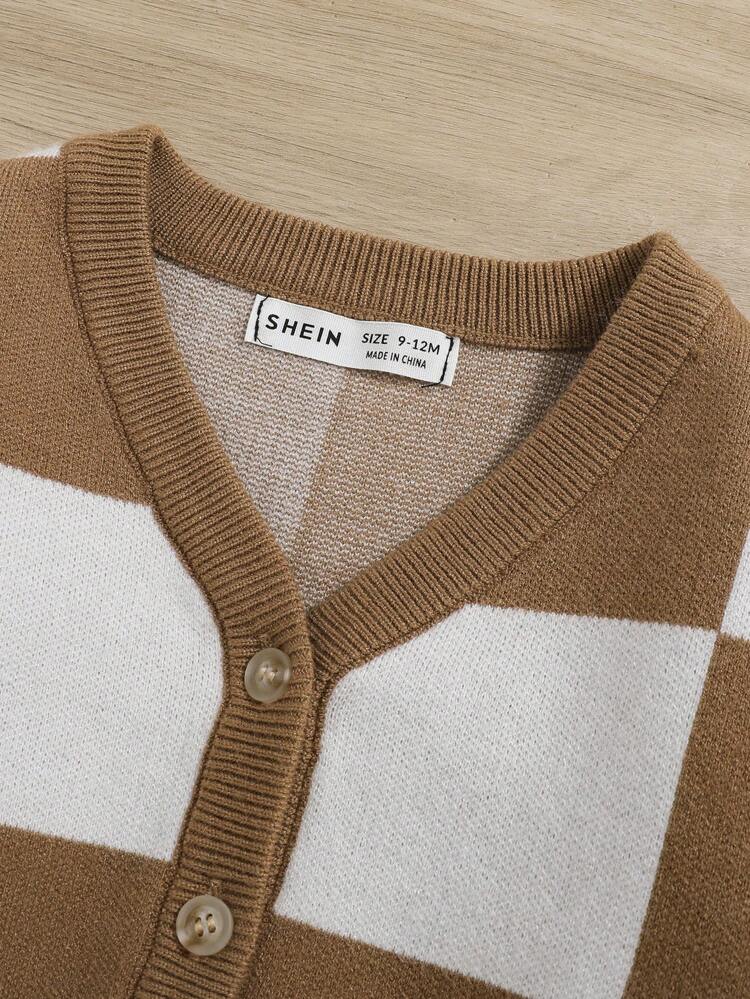 Baby Girl Casual Loose Fit V-neck Plaid Cardigan Sweater With Long Sleeves