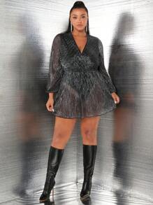 SHEIN SXY Plus Surplice Neck Lantern Sleeve Glitter Mesh Dress
