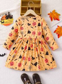 SHEIN 女小童黃色萬聖節圖案長袖A字洋裝適合春天,秋天和冬天 - 彩色 - 查看 2