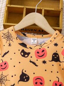 SHEIN 女小童黃色萬聖節圖案長袖A字洋裝適合春天,秋天和冬天 - 彩色 - 查看 4