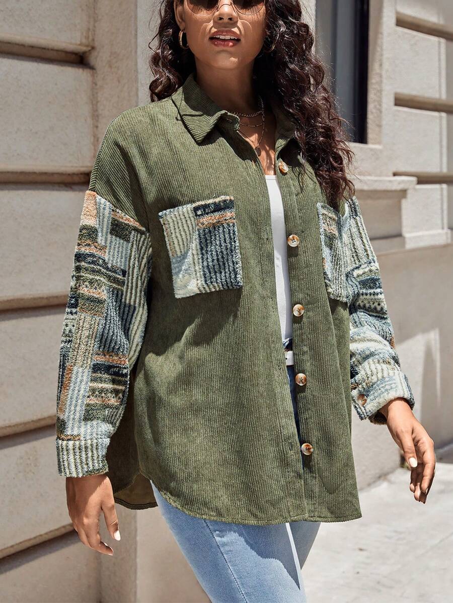 SHEIN LUNE 大碼色塊拼接圖案落肩袖燈芯絨夾克 - 軍綠色 - 查看 1